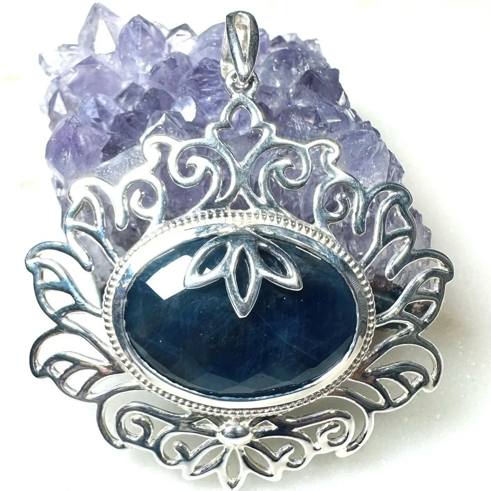Faceted Oval Rose-cut Fancy Blue Sodalite Solid Sterling Silver Pendant